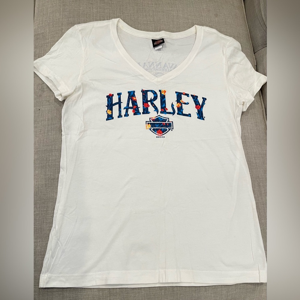 Harley-Davidson Women's white V-Neck T-Shirt floral-patterned graphic Women M